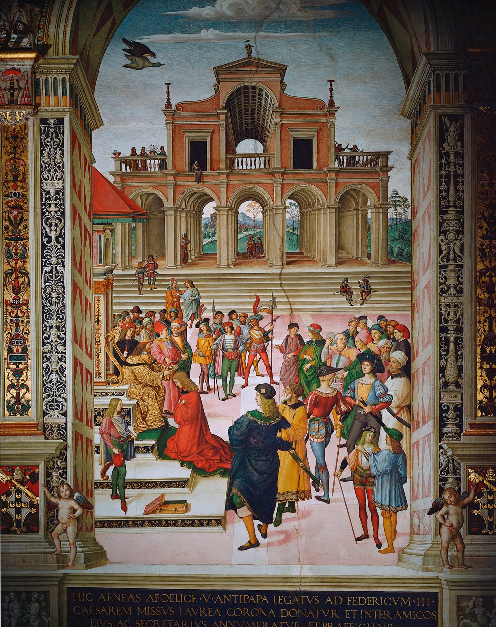 Enea Silvio koronowana na poetę przez cesarza Fryderyka III, Siena, Duomo, Biblioteka Piccolomini autorstwa Bernardino di Betto Pinturicchio