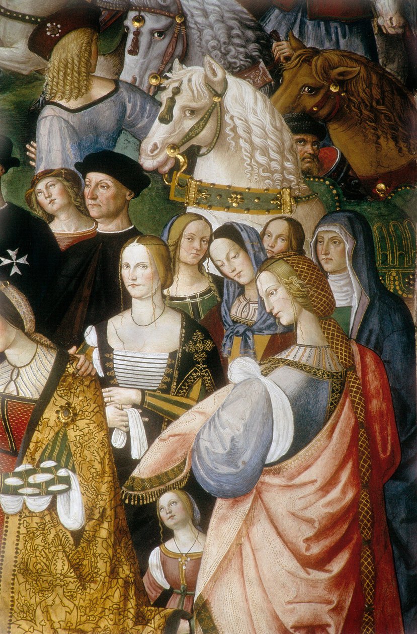 Enee Silvio Piccolomini przedstawiający Eleonorę z Portugalii cesarzowi Fryderykowi III Świętego Cesarstwa przy bramie Camollia w Sienie”, fragment (fresk) autorstwa Bernardino di Betto Pinturicchio