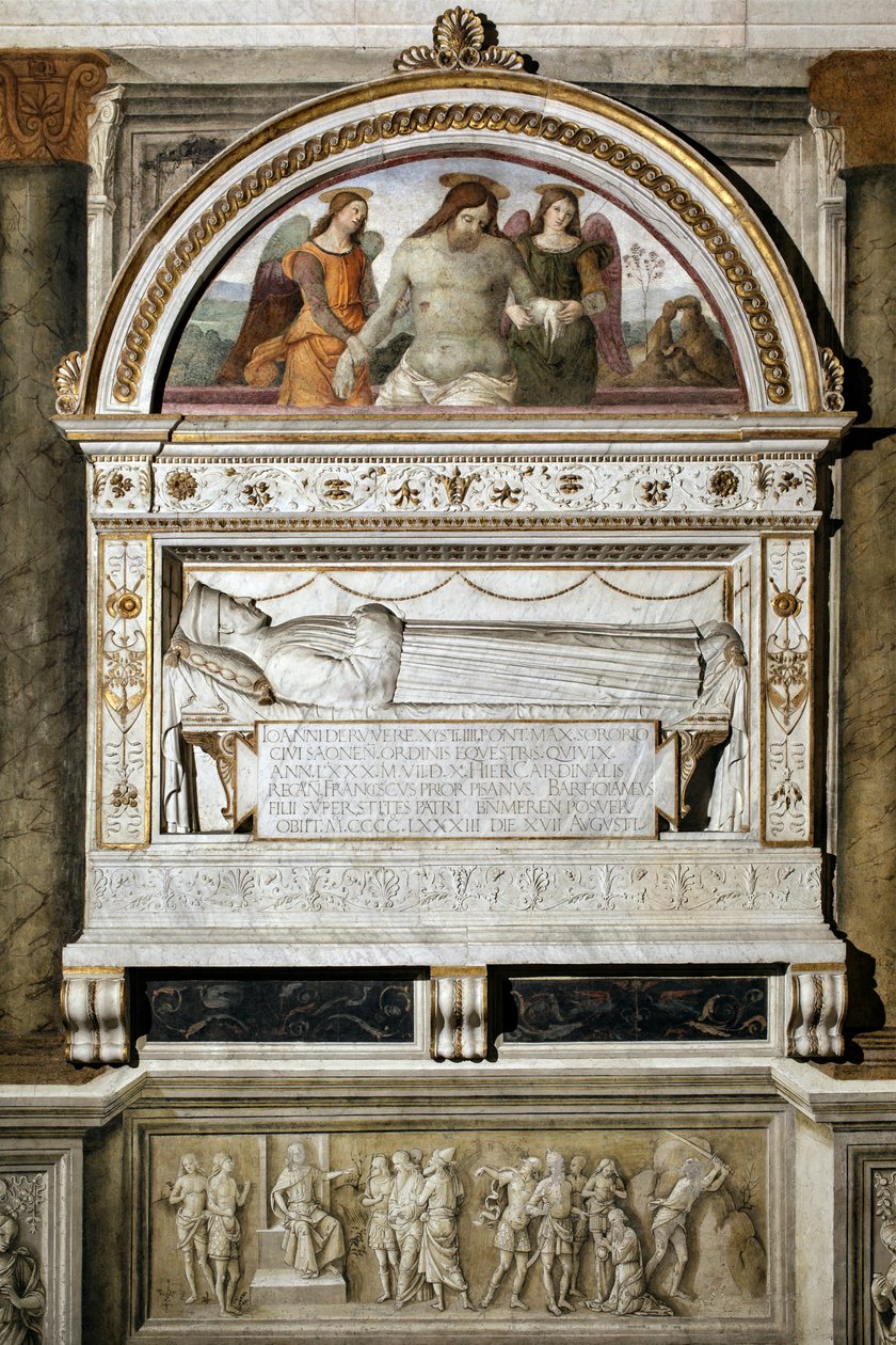Pomnik pogrzebowy w hołdzie Giovanniemu Basso della Rovere (1403-1483) - Góra "Umarły chrystus wspierany przez dwa anioły" (Umarły chrystus wspierany przez dwa anioły) - Fresk Pinturicchio (Bernardino di Betto) (1454-1513) 1484- 1492 Rzym, Bazylika Santa M autorstwa Bernardino di Betto Pinturicchio