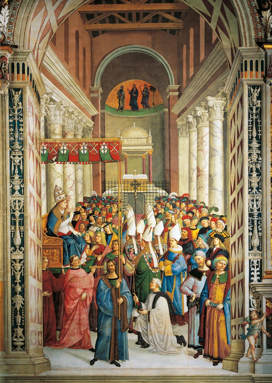 Włochy, Siena, Katedra, Biblioteka Piccolomini, Koronacja Papieża Piusa II, fragment z Opowieści Piusa II autorstwa Bernardino di Betto Pinturicchio