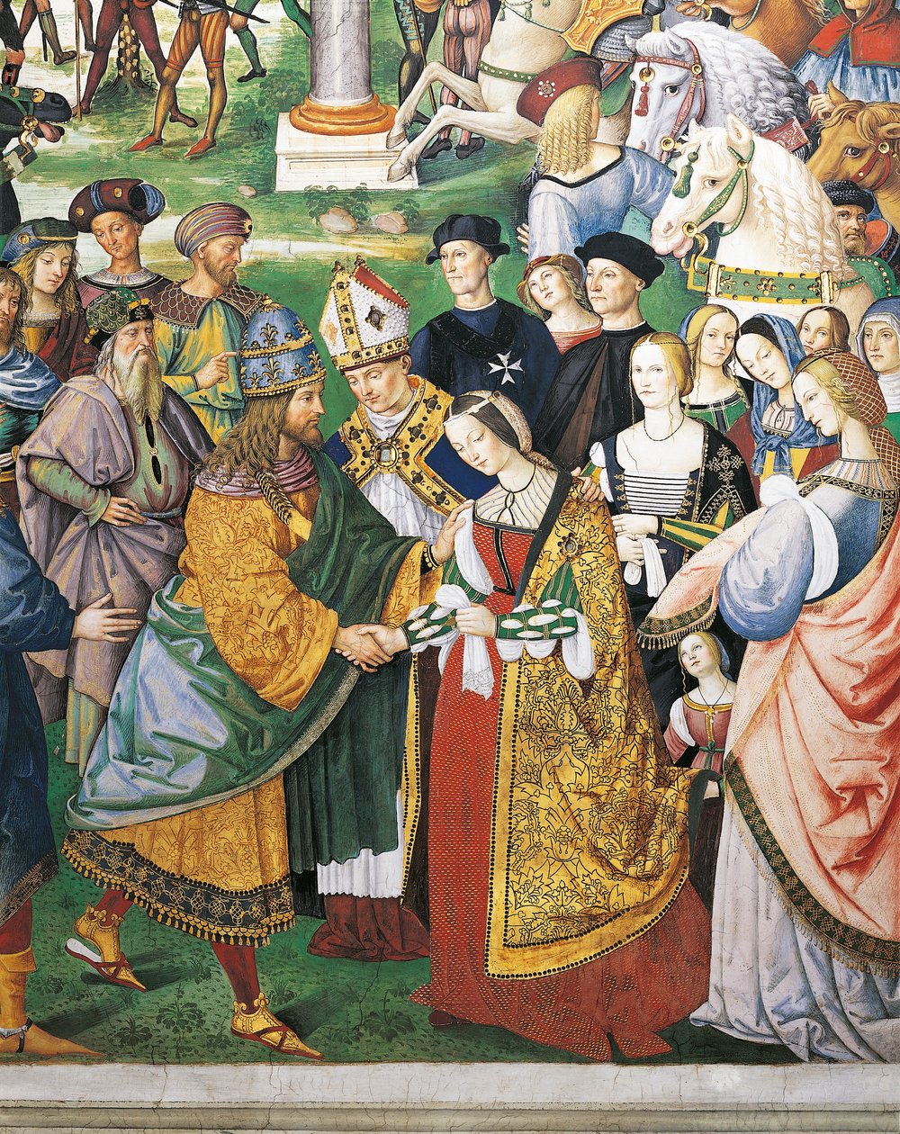 Włochy, Siena, Katedra, Biblioteka Piccolomini, Enea Silvio Piccolomini, biskup Sieny uczestniczący w koronacji Fryderyka III i Eleonory Aragońskiej, fragment Opowieści Piusa II autorstwa Bernardino di Betto Pinturicchio