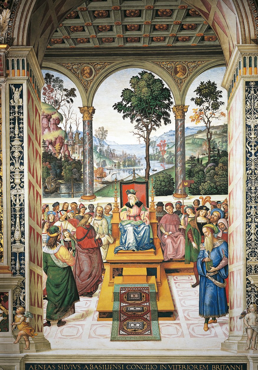 Włochy, Siena, Katedra, Biblioteka Piccolomini, Enea Silvio Piccolomini wygłasza przemówienie przed królem Szkockim Jakubem I, fragment z Opowieści Piusa II autorstwa Bernardino di Betto Pinturicchio