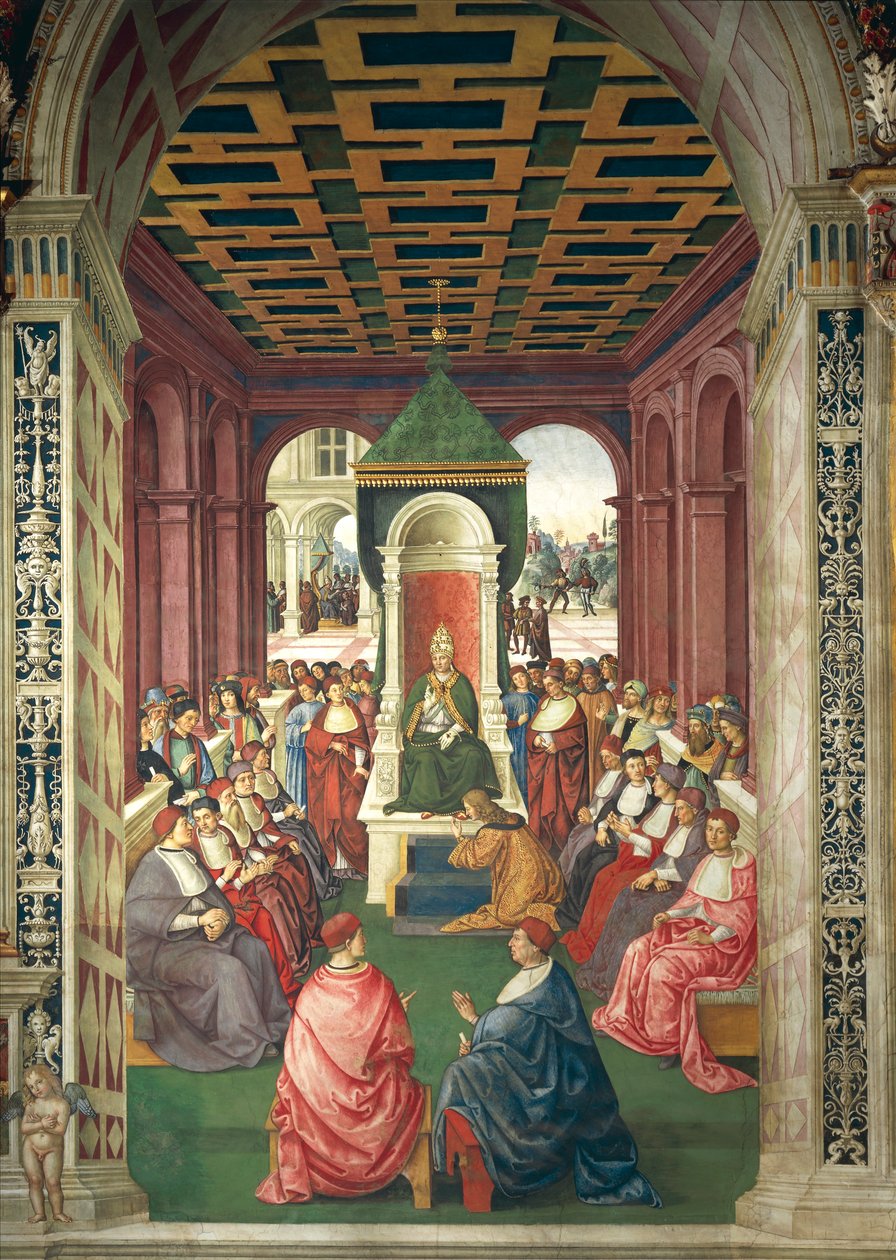 Włochy, Siena, Katedra, Biblioteka Piccolomini, Enea Silvio Piccolomini w akcie poddania się papieżowi Eugeniuszowi IV, fragment Opowieści Piusa II autorstwa Bernardino di Betto Pinturicchio