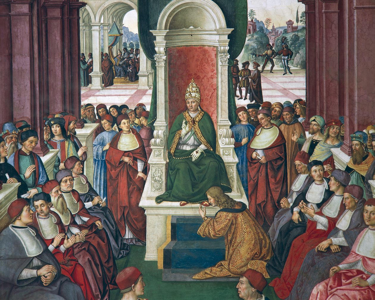 Włochy, Siena, Katedra, Biblioteka Piccolomini, Enea Silvio Piccolomini w akcie poddania się papieżowi Eugeniuszowi IV, fragment Opowieści Piusa II autorstwa Bernardino di Betto Pinturicchio