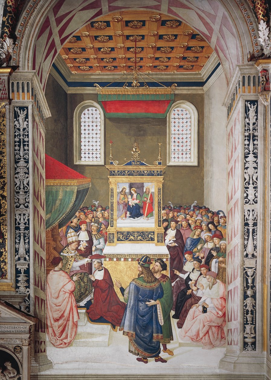 Włochy, Siena, Katedra, Biblioteka Piccolomini, Enea Silvio Piccolomini odbiera kapelusz kardynalski z Kaliksta III, fragment z Opowieści Piusa II autorstwa Bernardino di Betto Pinturicchio