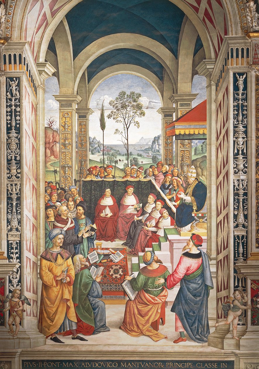 Włochy, Siena, Katedra, Biblioteka Piccolomini, Pius II zebrany w Mantui na sejm zorganizowany w celu zaplanowania krucjaty przeciwko Turkom, fragment Opowieści Piusa II autorstwa Bernardino di Betto Pinturicchio
