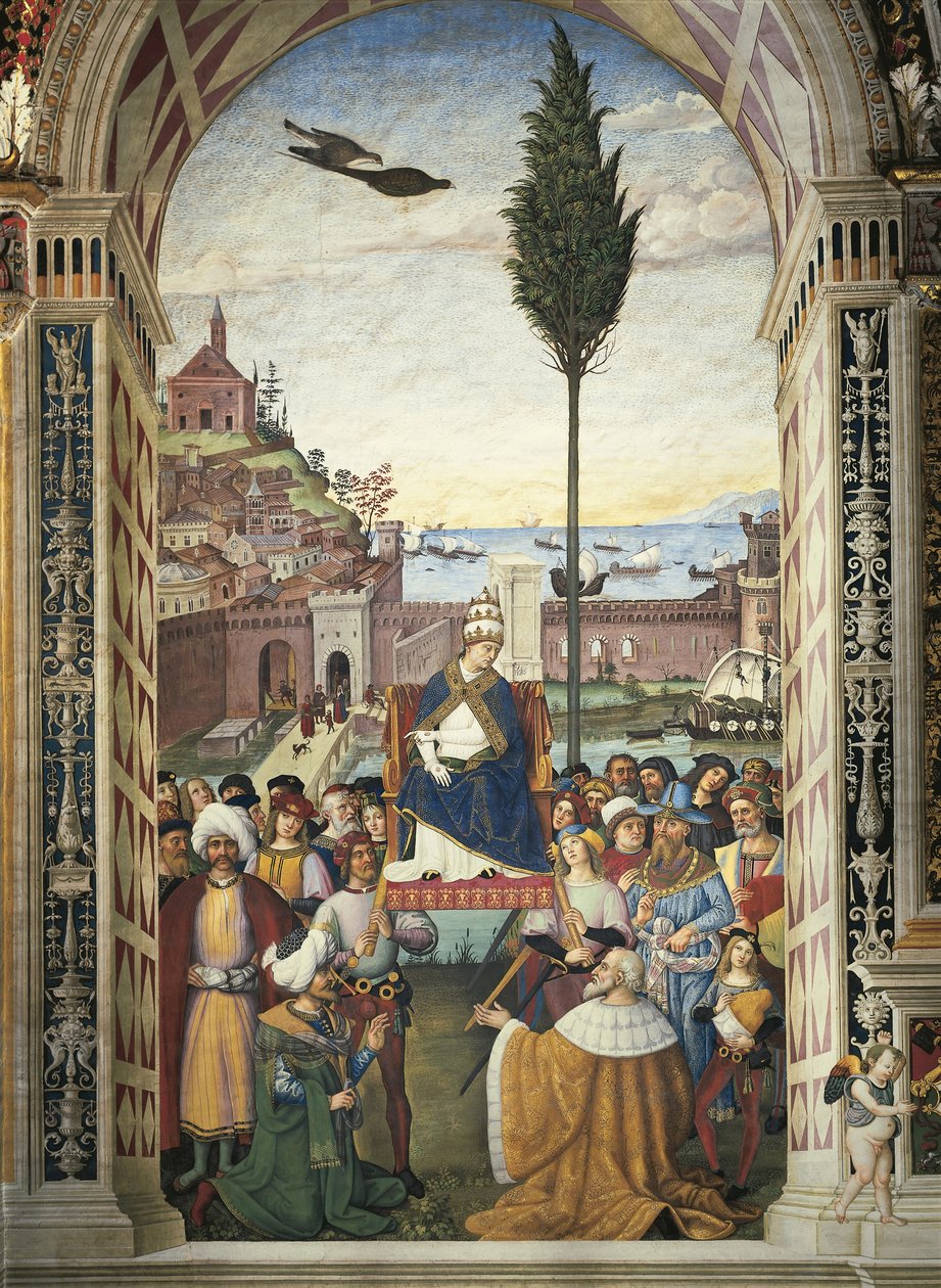 Włochy, Siena, Katedra, Biblioteka Piccolomini, Historie Piusa II: Pius II przybywa do Ankony, by przyspieszyć krucjatę autorstwa Bernardino di Betto Pinturicchio
