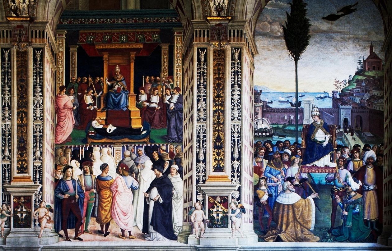 Pius II przybywający do Ankony, aby rozpocząć krucjatę (XVI wiek), fresk Pinturicchio (1452-1513), Biblioteka Piccolomini, katedra w Sienie, Toskania, Włochy autorstwa Bernardino di Betto Pinturicchio