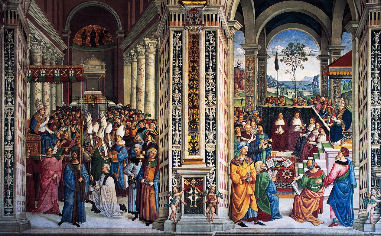 Pius II przybywający do Ankony, aby rozpocząć krucjatę (XVI wiek), fresk Pinturicchio (1452-1513), Biblioteka Piccolomini, katedra w Sienie, Toskania, Włochy autorstwa Bernardino di Betto Pinturicchio