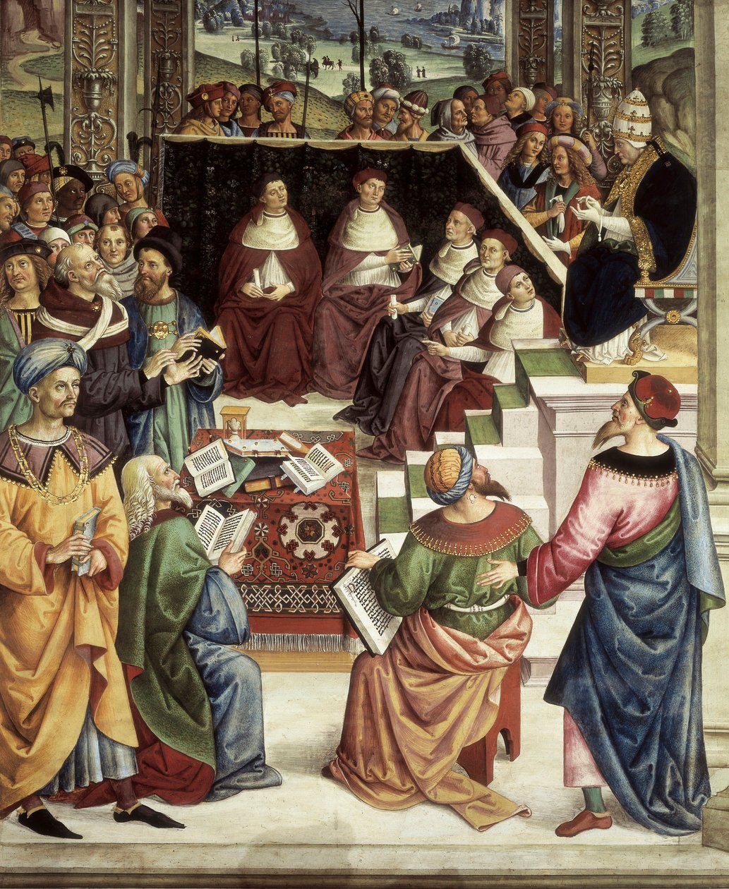 Pius II zebrał się w Mantovie na dietę zorganizowaną w celu zaplanowania krucjaty przeciwko Turkom, szczegół Opowieści Piusa II autorstwa Bernardino di Betto Pinturicchio