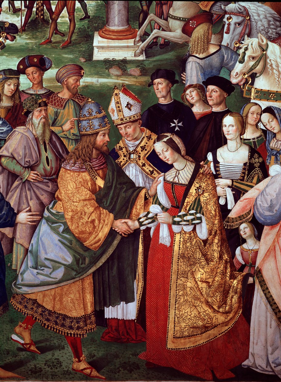 Poeta Enee Silvio Piccolomini przedstawia Eleonorę z Portugalii cesarzowi Fryderykowi III Świętego Cesarstwa przy Bramie Camollia. Szczegóły życia papieża Piusa II (Fresco autorstwa Bernardino di Betto Pinturicchio