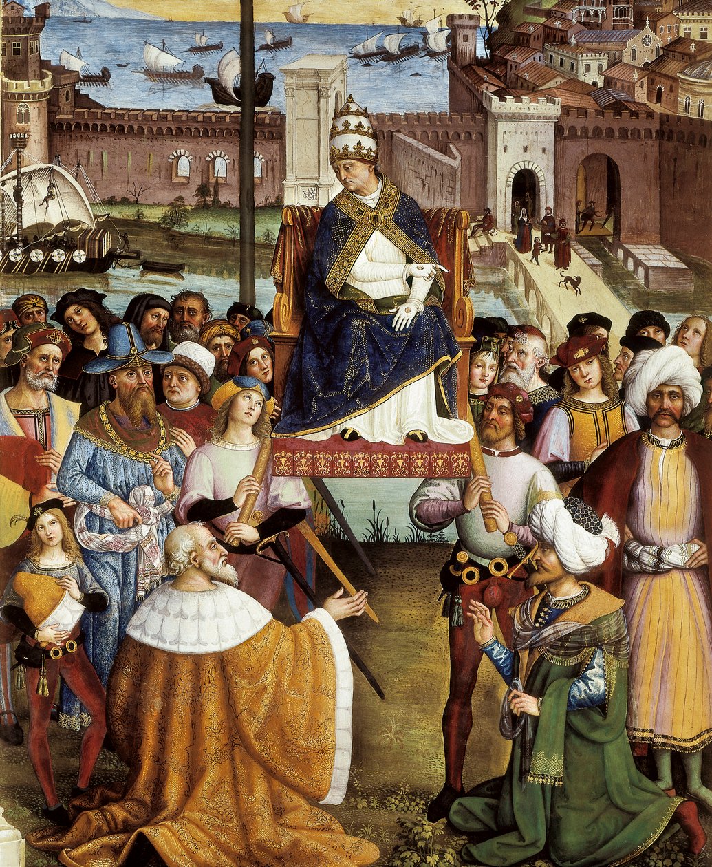 Papież Pio (Pius) II błogosławiący floty przed opuszczeniem Ankony do Ziemi Świętej 15 sierpnia 1464 r., szczegół autorstwa Bernardino di Betto Pinturicchio