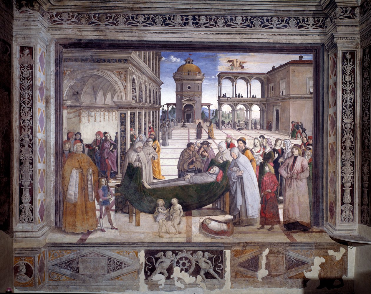 Historia św. Bernardyna, śmierć świętego (fresk, ok.1486) autorstwa Bernardino di Betto Pinturicchio