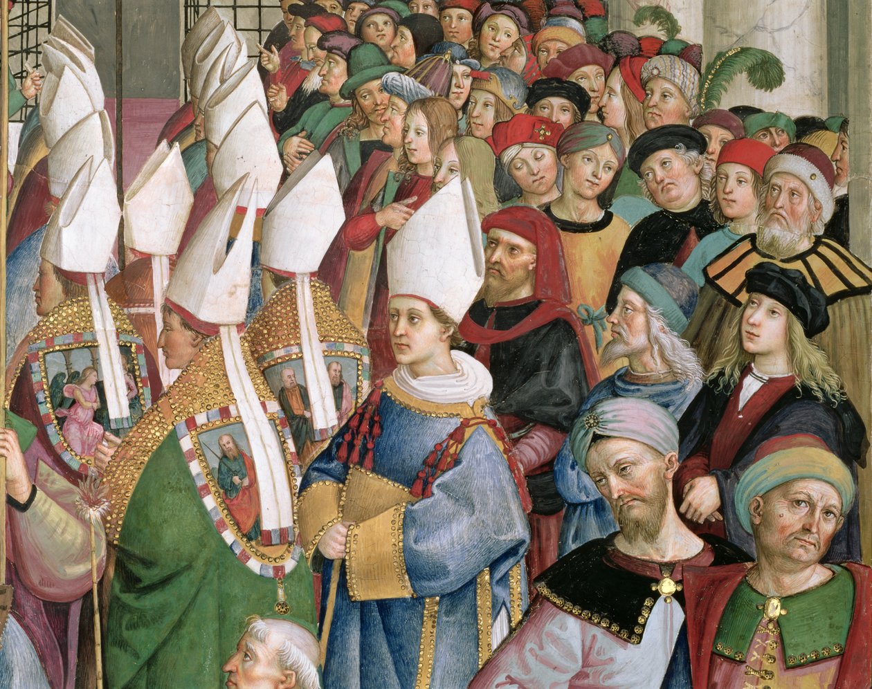 Kardynałowie przechodzą przez tłum świeckich obserwatorów, fragment z „Eneasz Sylwiusz Piccolomini (1405-64), wybrany na papieża imieniem Pius II, wchodzi do bazyliki św. Piotra”, 3 września 1458 autorstwa Bernardino di Betto Pinturicchio