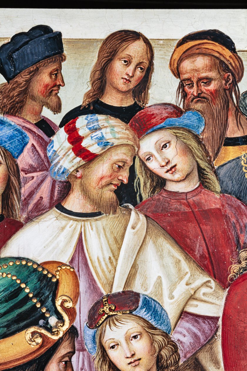 Biblioteka Piccolomini, ściana północno-wschodnia: „Eneasz Sylwiusz wygłasza orację przed królem Szkockim Jakubem I, zima 1435” autorstwa Bernardino di Betto Pinturicchio
