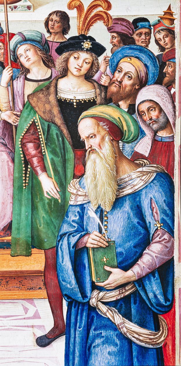 Biblioteka Piccolomini, ściana północno-wschodnia: „Eneasz Sylwiusz wygłasza orację przed królem Szkockim Jakubem I, zima 1435” autorstwa Bernardino di Betto Pinturicchio