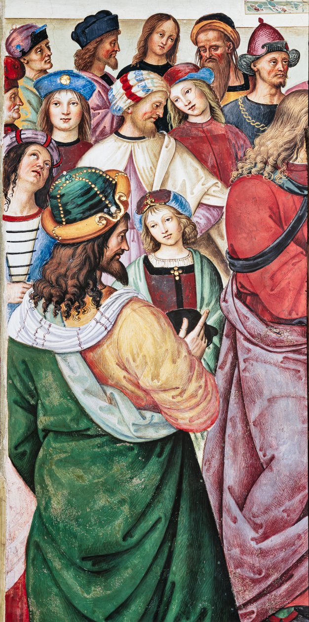 Biblioteka Piccolomini, ściana północno-wschodnia: „Eneasz Sylwiusz wygłasza orację przed królem Szkockim Jakubem I, zima 1435” autorstwa Bernardino di Betto Pinturicchio