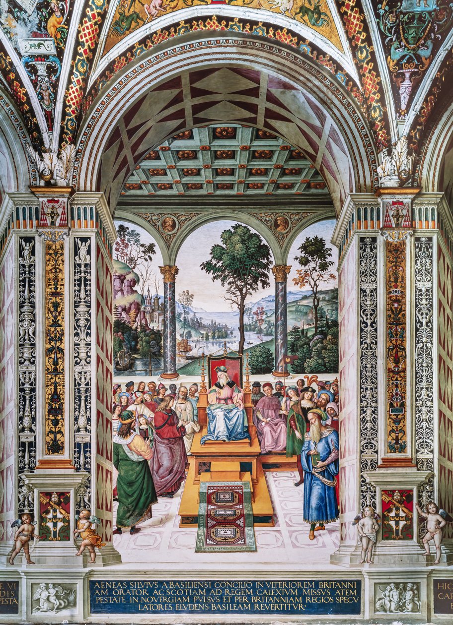 Biblioteka Piccolomini, ściana północno-wschodnia: „Eneasz Sylwiusz wygłasza orację przed królem Szkockim Jakubem I, zima 1435” autorstwa Bernardino di Betto Pinturicchio