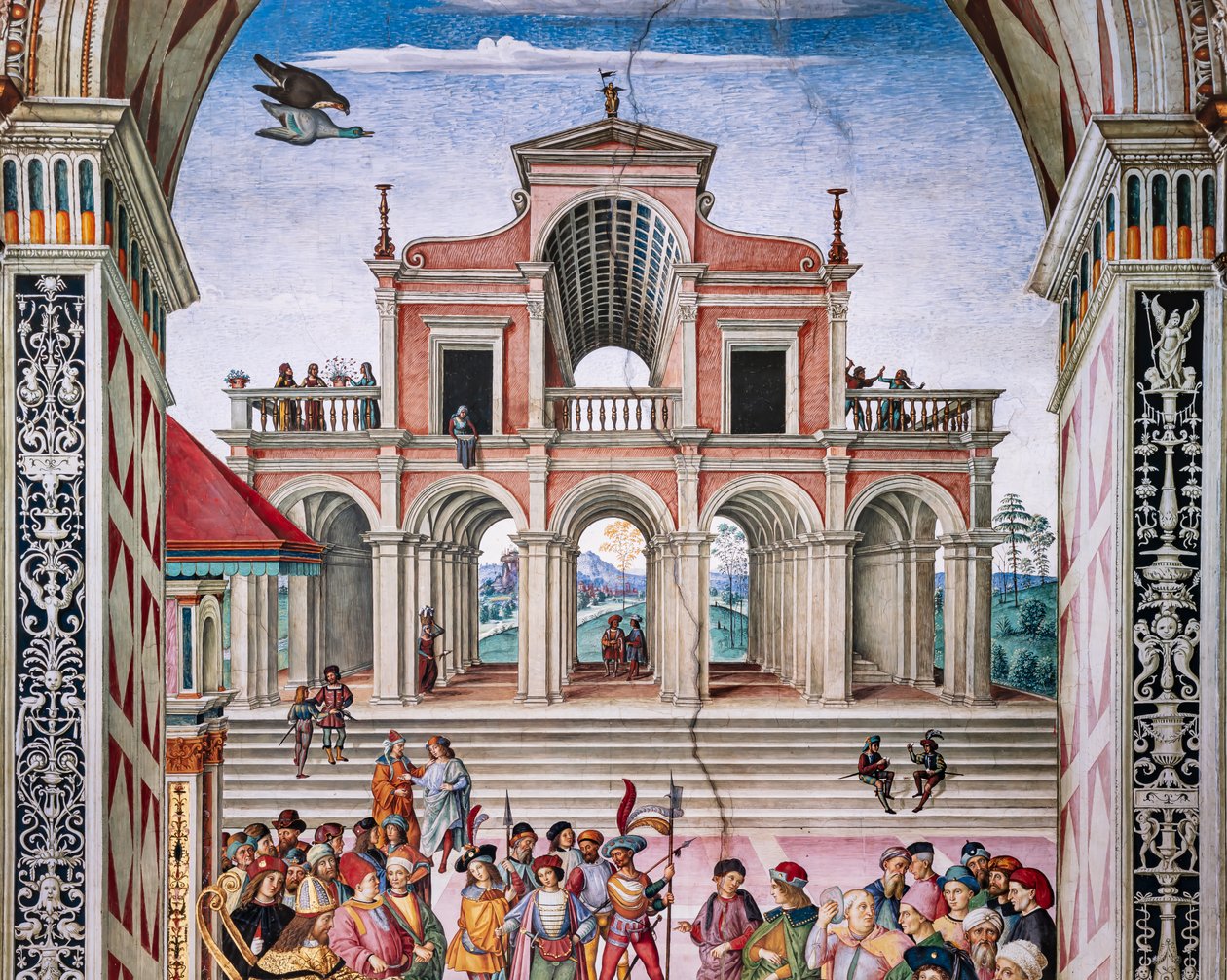 Biblioteka Piccolomini, ściana północno-wschodnia: „Eneasz Sylwiusz koronowany na poetę laureata przez cesarza Fryderyka III, 27 lipca autorstwa Bernardino di Betto Pinturicchio