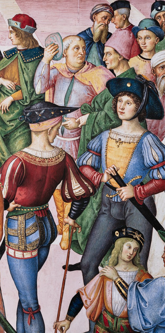 Biblioteka Piccolomini, ściana północno-wschodnia: „Eneasz Sylwiusz koronowany na poetę laureata przez cesarza Fryderyka III, 27 lipca autorstwa Bernardino di Betto Pinturicchio