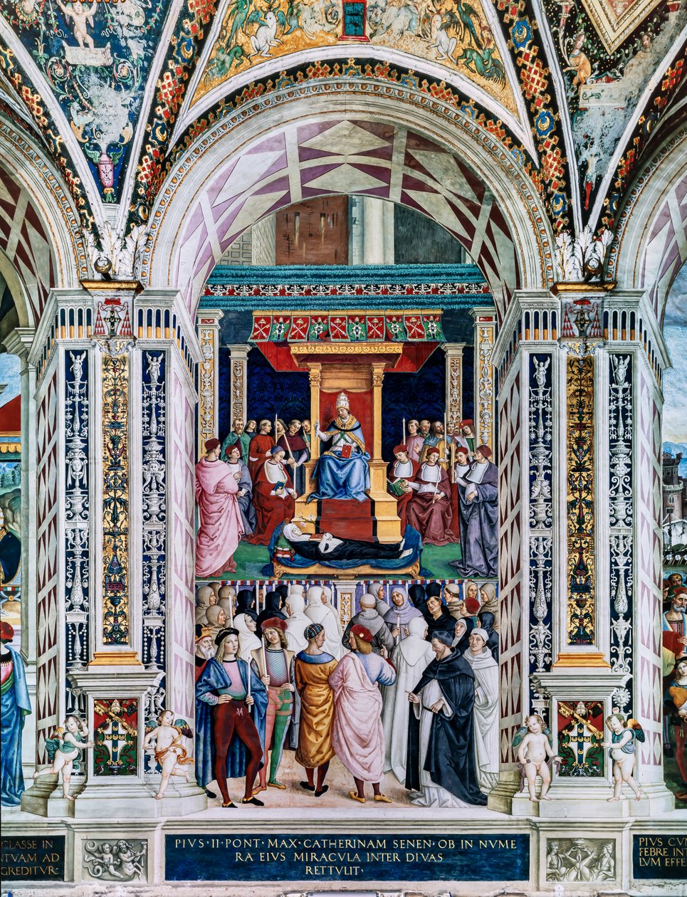 Biblioteka Piccolomini, ściana południowo-zachodnia: „Pius II kanonizuje św. Katarzynę ze Sieny, 29 czerwca autorstwa Bernardino di Betto Pinturicchio