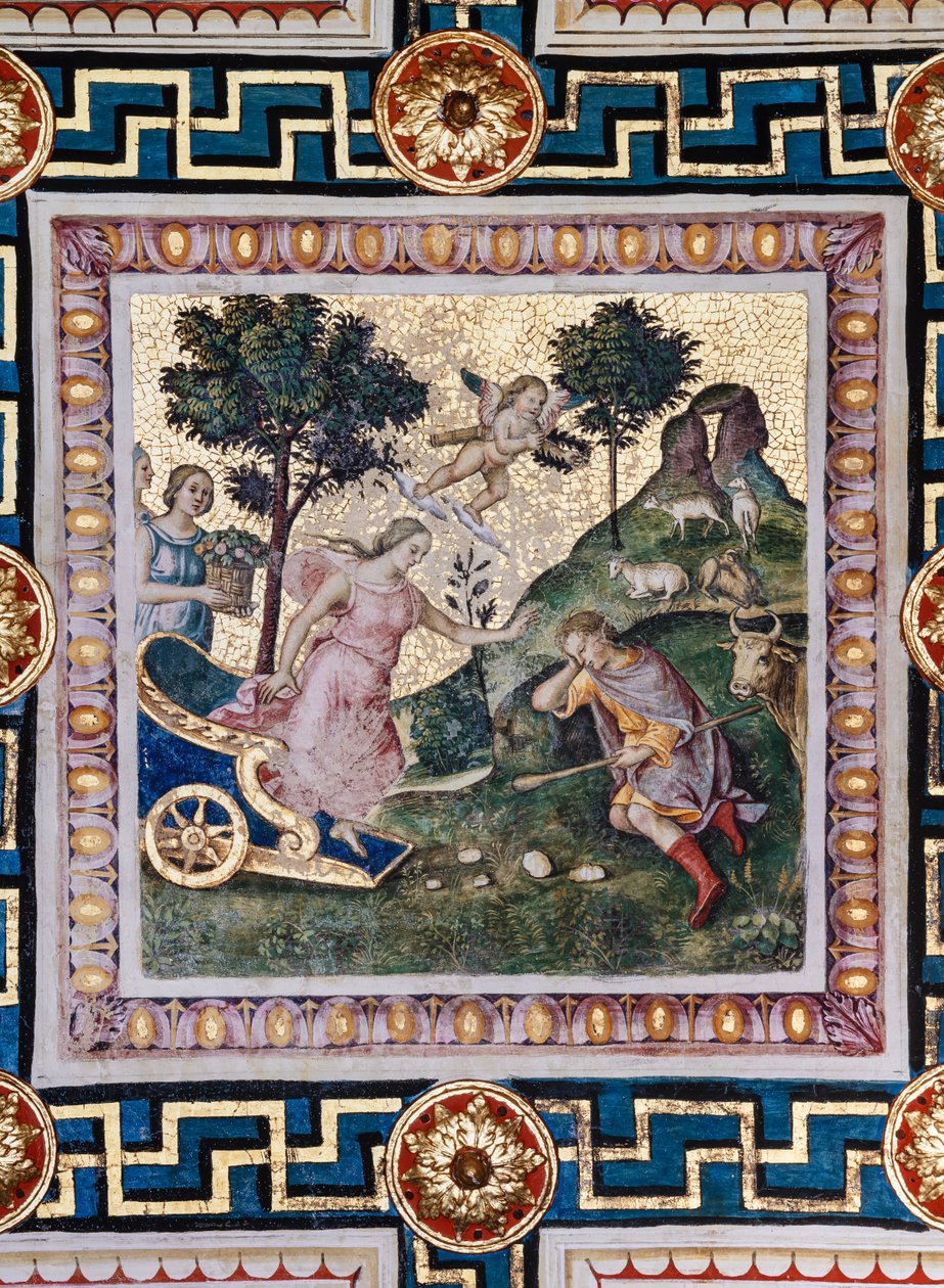 Biblioteka Piccolomini, sufit: „Gwałt Prozerpiny”, fresk Bernardino di Betto, znany jako Pinturicchio. W panelu Pluton ucieka swoim rydwanem, Prozerpina miota się w jego ramionach, a jeden z towarzyszy bogini grozi Plutonowi autorstwa Bernardino di Betto Pinturicchio