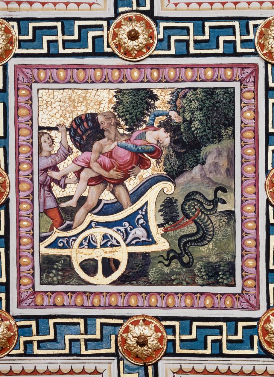 Biblioteka Piccolomini, sufit: „Gwałt Prozerpiny”, fresk Bernardino di Betto, znany jako Pinturicchio. Na panelu Pluton ucieka swoim rydwanem, Prozerpina miota się w jego ramionach, a jeden z towarzyszy bogini grozi Plutonowi autorstwa Bernardino di Betto Pinturicchio