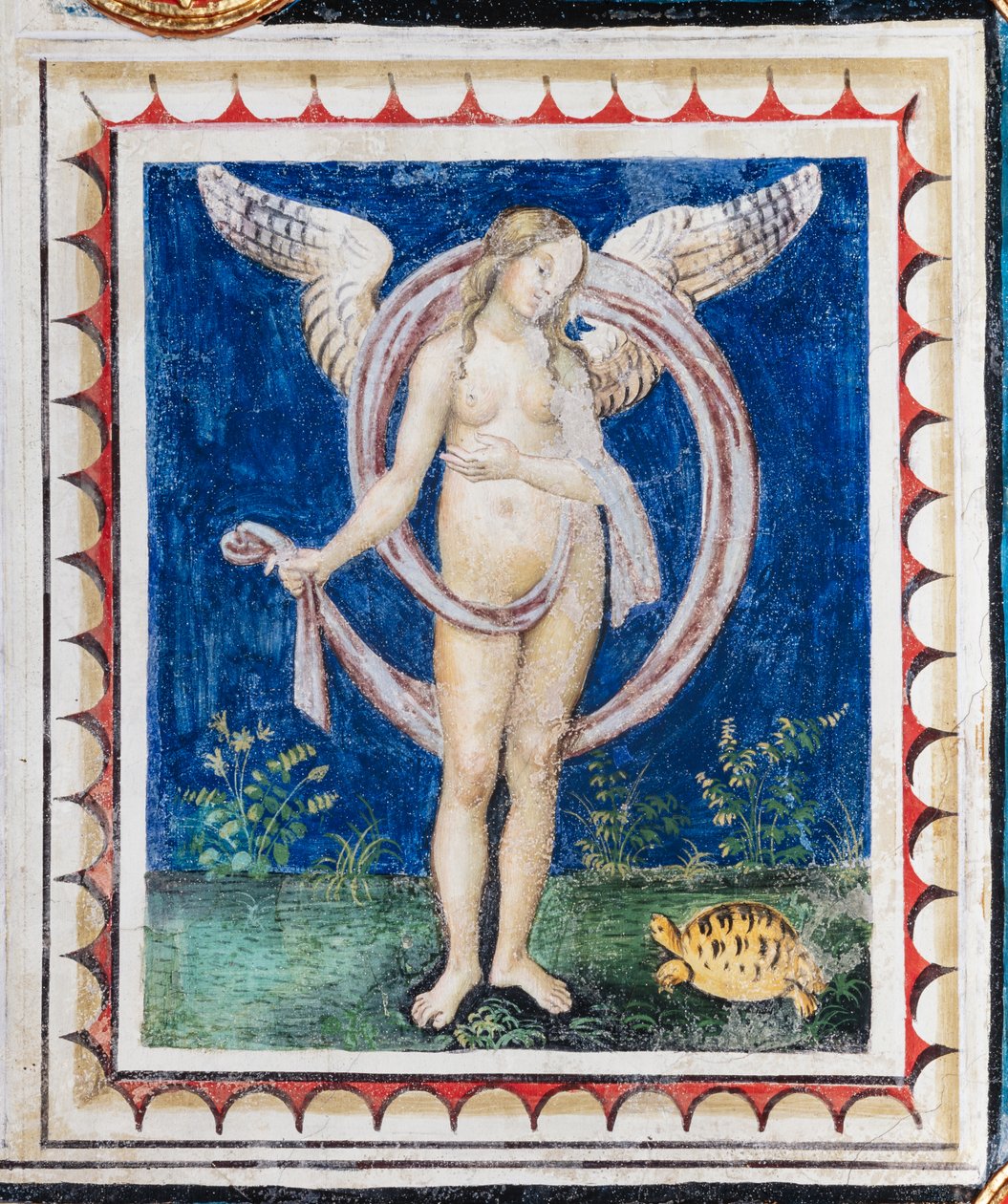 Biblioteka Piccolomini, sufit, tablica z alegorią Opatrzności, fresk Bernardino di Betto, znany jako Pinturicchio. autorstwa Bernardino di Betto Pinturicchio
