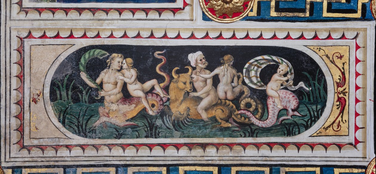 Biblioteka Piccolomini, strop: mniejsza tablica ze sceną thiasus morskiego (trytony, putto i nereida), fresk Bernardino di Betto, znany jako Pinturicchio. autorstwa Bernardino di Betto Pinturicchio