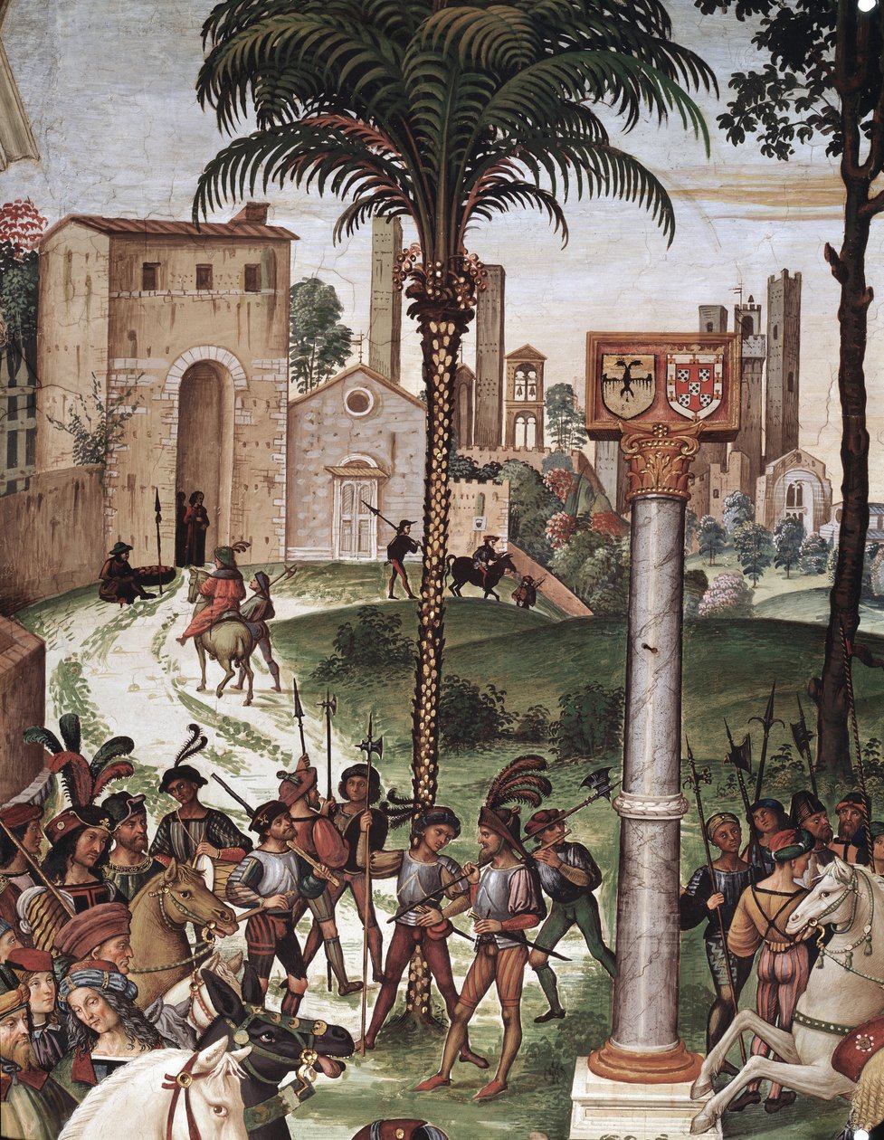 Biskup Enee Silvio Piccolomini (Pius II) przedstawia Eleonorę Aragońską cesarzowi Fryderykowi III Świętego Cesarstwa. Szczegół — Świeże autorstwa Bernardino di Betto Pinturicchio