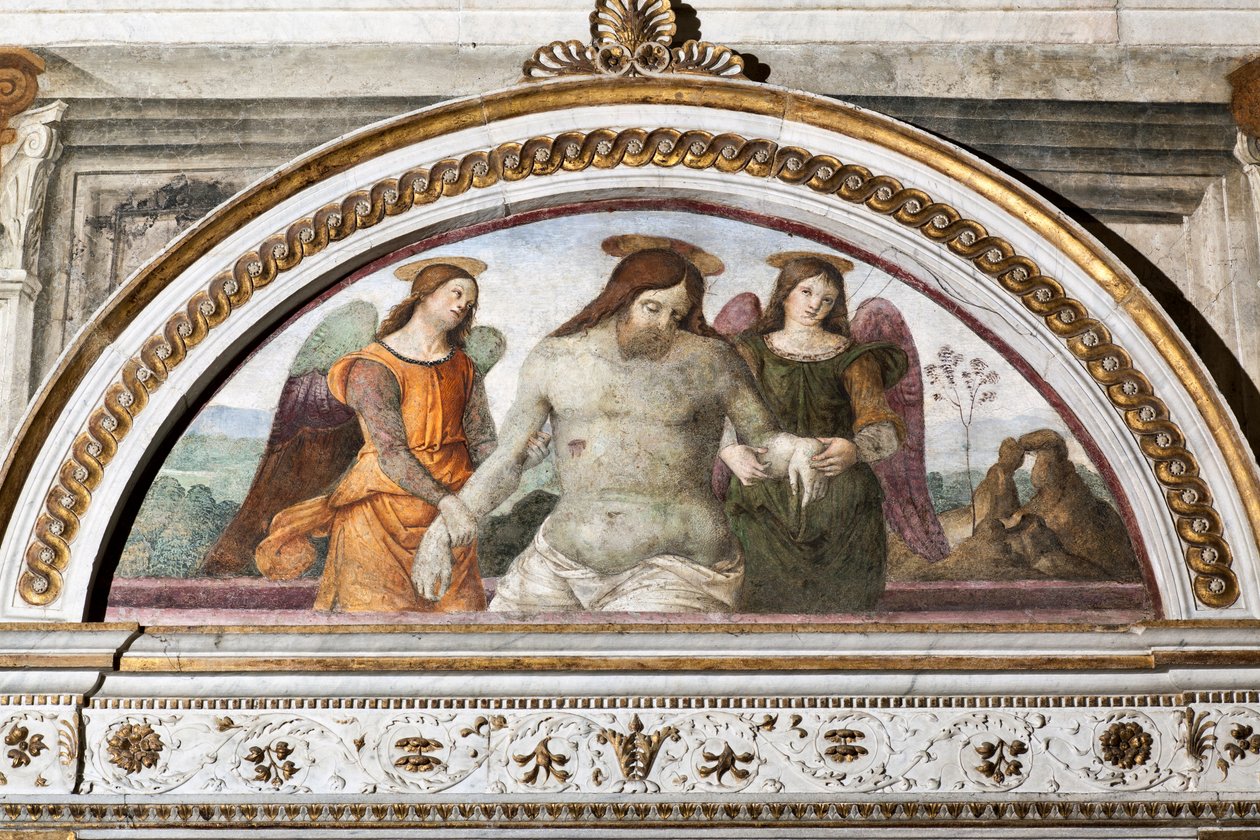 Martwy chrystus podtrzymywany przez dwa anioły - Fresco Pinturicchio (Bernardino di Betto) (1454-1513) 1484-1492 Rzym, Basilica di Santa Maria del Popolo (Kościół Santa Maria del Popolo), Kaplica Basso della Rovere Włochy autorstwa Bernardino di Betto Pinturicchio