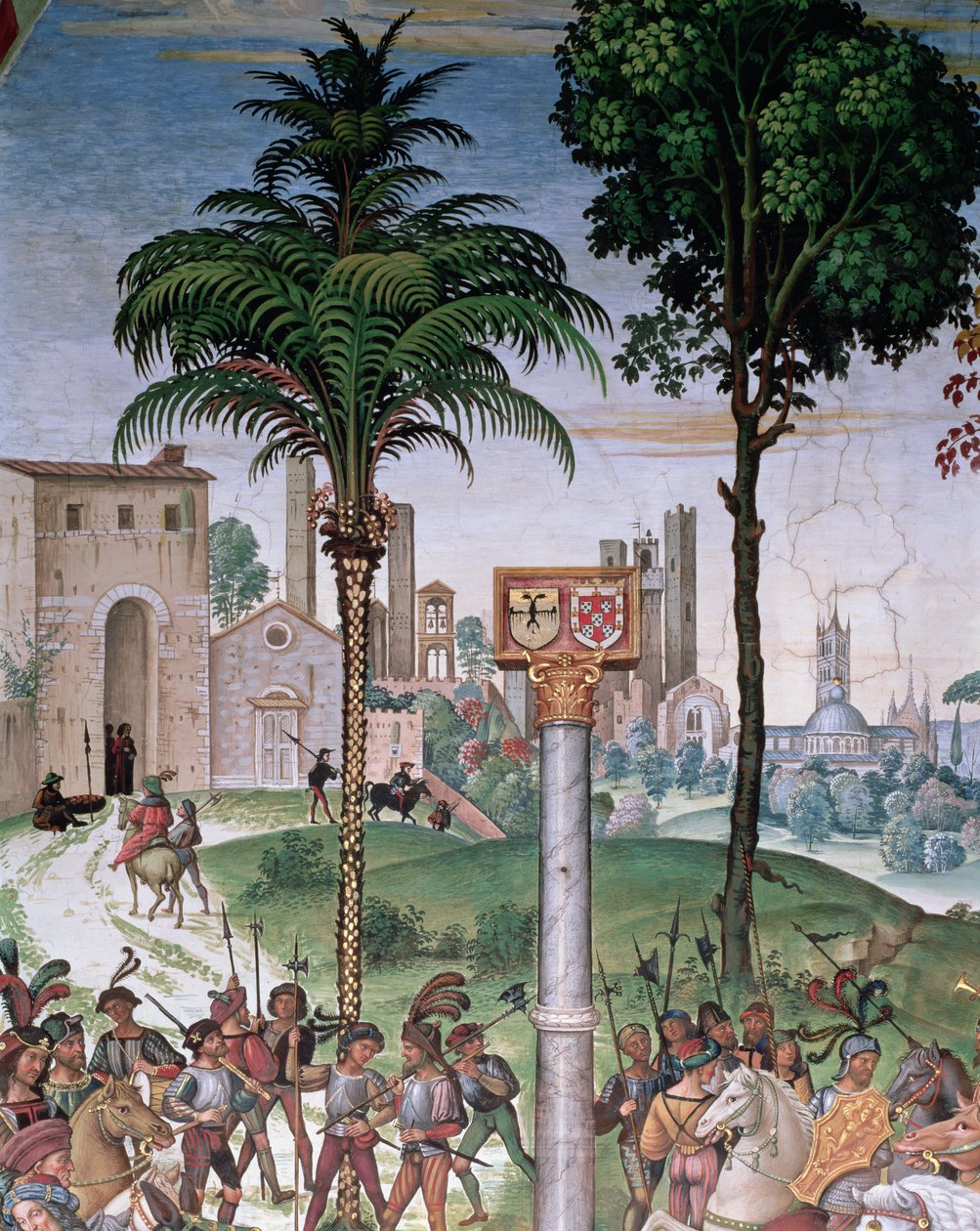 Widok Sieny z katedrą i Porta Camollia, fragment z „Eneasza Sylwiusza przedstawia Eleonorę Aragońską Fryderykowi III, 24 lutego 1452 autorstwa Bernardino di Betto Pinturicchio