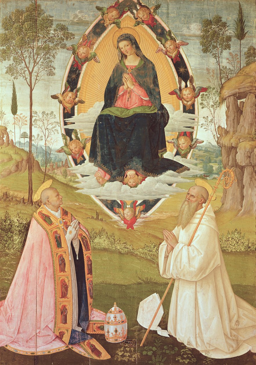 Panna w chwale ze św. Grzegorzem i św. Benedyktem (tempera na panelu) autorstwa Bernardino di Betto Pinturicchio