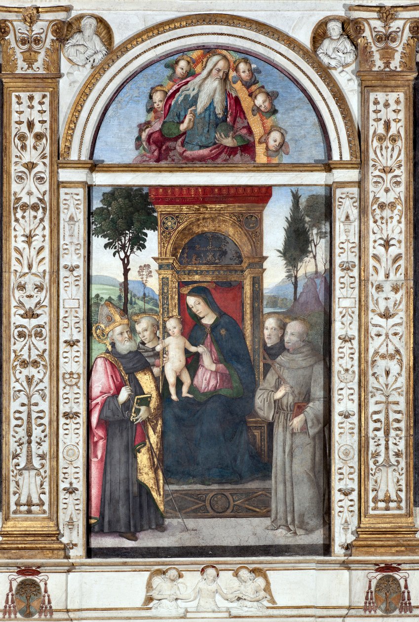 Dziewica z Dzieciątkiem i św. Augustyn, św. Franciszek i św. Antoni Padewski - Fresk Pinturicchio (Bernardino di Betto) (1454-1513) 1484-1492 Rzym, Bazylika Santa Maria del Popolo (Kościół Santa Maria del Popolo), Kaplica Basso della Rovere Włochy autorstwa Bernardino di Betto Pinturicchio