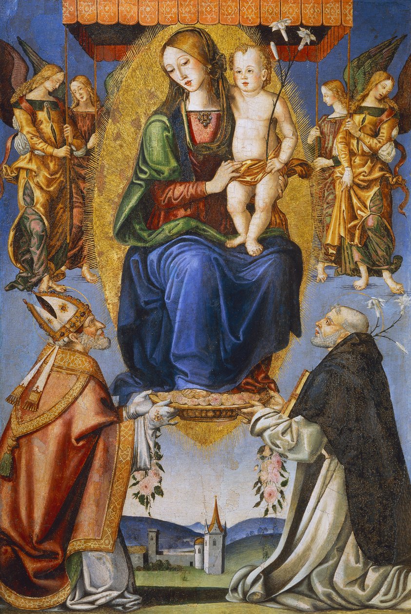 Madonna z Dzieciątkiem ze św. Sewerynem i Dominikiem (tempera na płótnie) autorstwa Bernardino di Mariotto