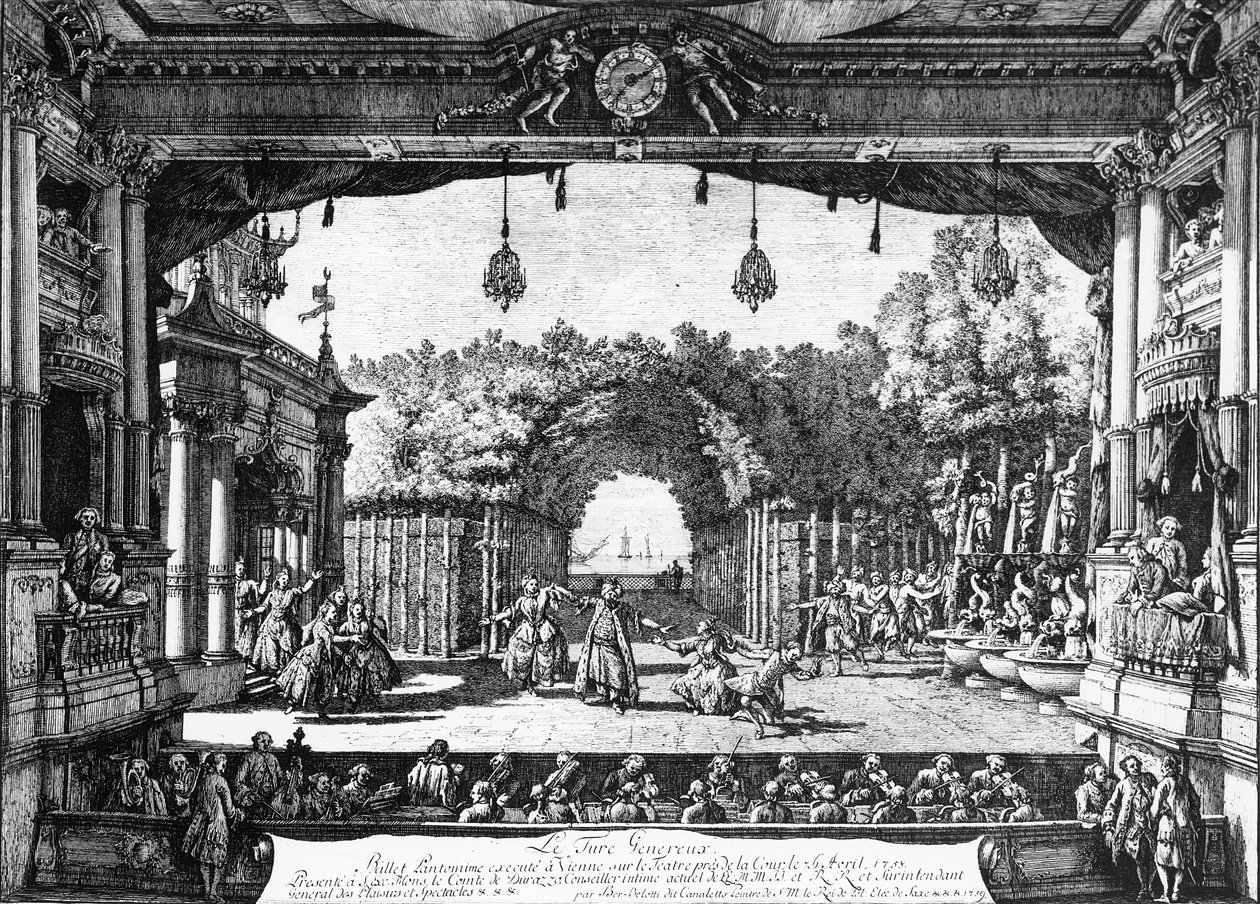 Przedstawienie „Le Turc Genereux” w Wiedniu 6 kwietnia 1758 r., wydane w 1759 r. autorstwa Bernardo Bellotto