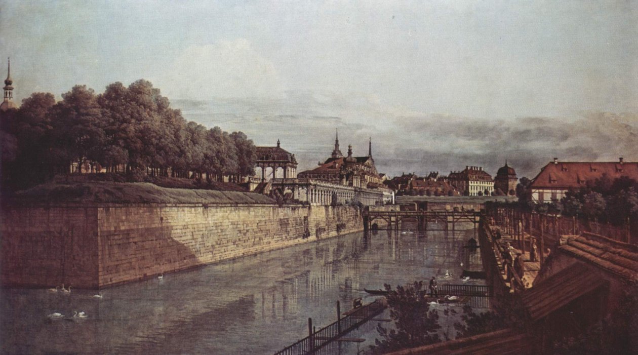 Widok na Drezno, dawną fosę Zwingera, od strony oranżerii w kierunku miasta autorstwa Bernardo Bellotto