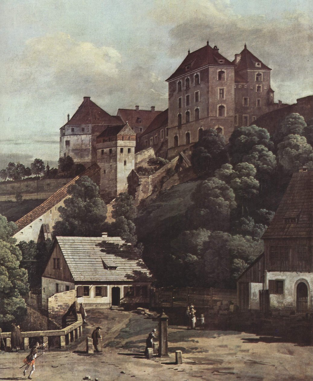 Widok na Pirnę, Pirnę widzianą od południa z fortyfikacjami i bramą górną (bramą miejską) oraz twierdzą Sonnenstein autorstwa Bernardo Bellotto