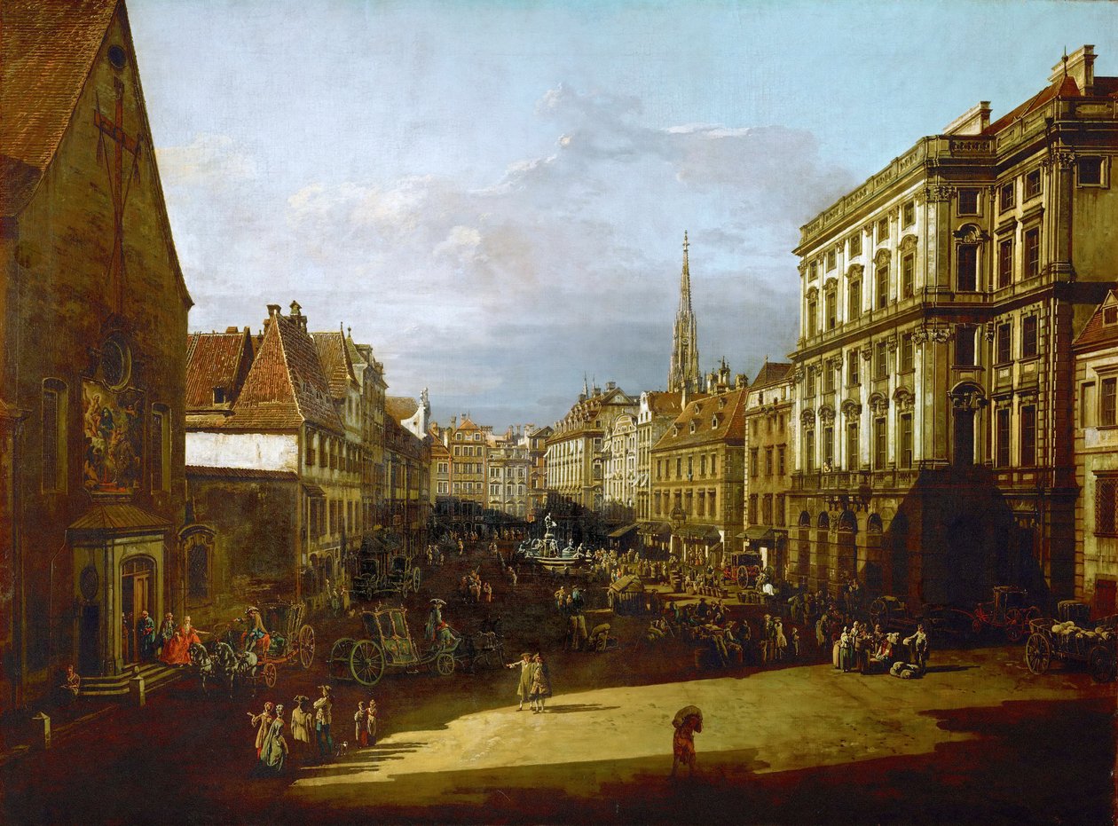 Widok na Wiedeń, Mehlmarkt widziany z południowego zachodu na północny wschód autorstwa Bernardo Bellotto