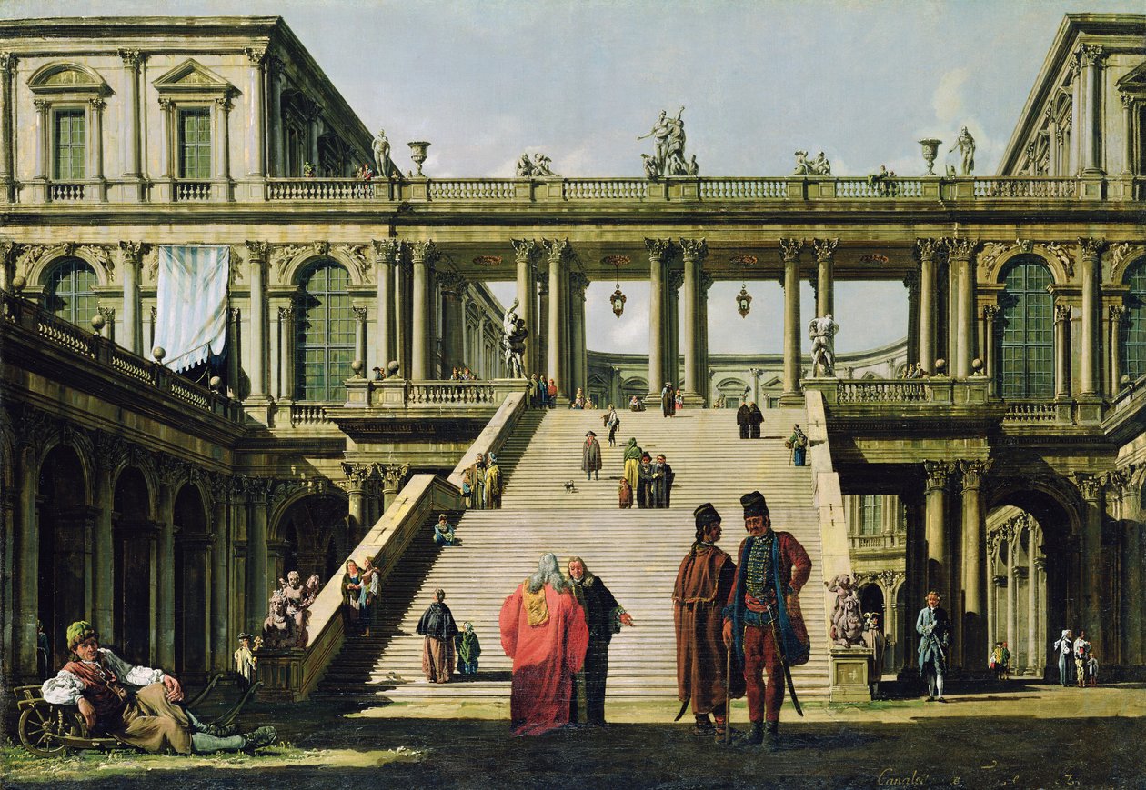 Idealny krajobraz ze schodami pałacowymi, 1762 autorstwa Bernardo Bellotto