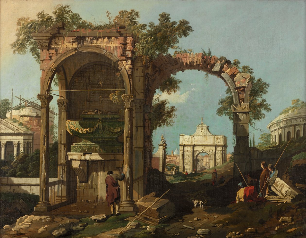 Ruiny i figury, Przedmieścia Rzymu w pobliżu grobowca Cecylii Metelli, ok. 1750-1775 autorstwa Bernardo Bellotto
