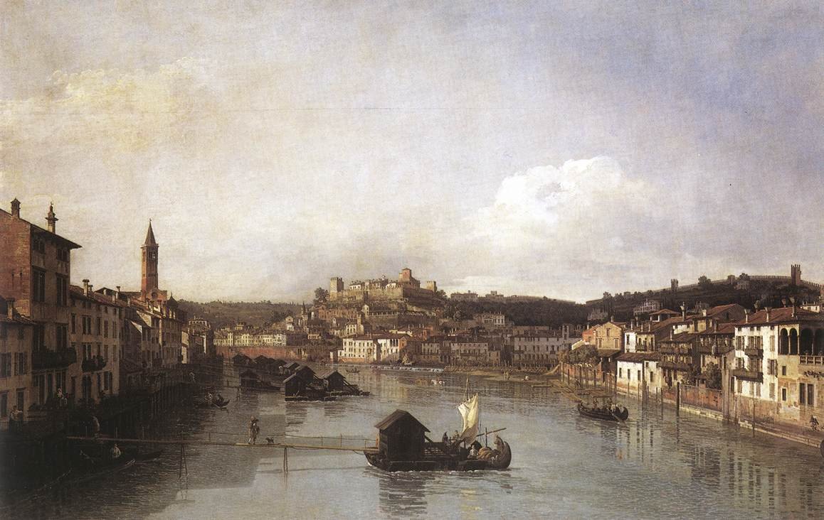 Widok na Weronę i rzekę Adige z Ponte Nuovo autorstwa Bernardo Bellotto