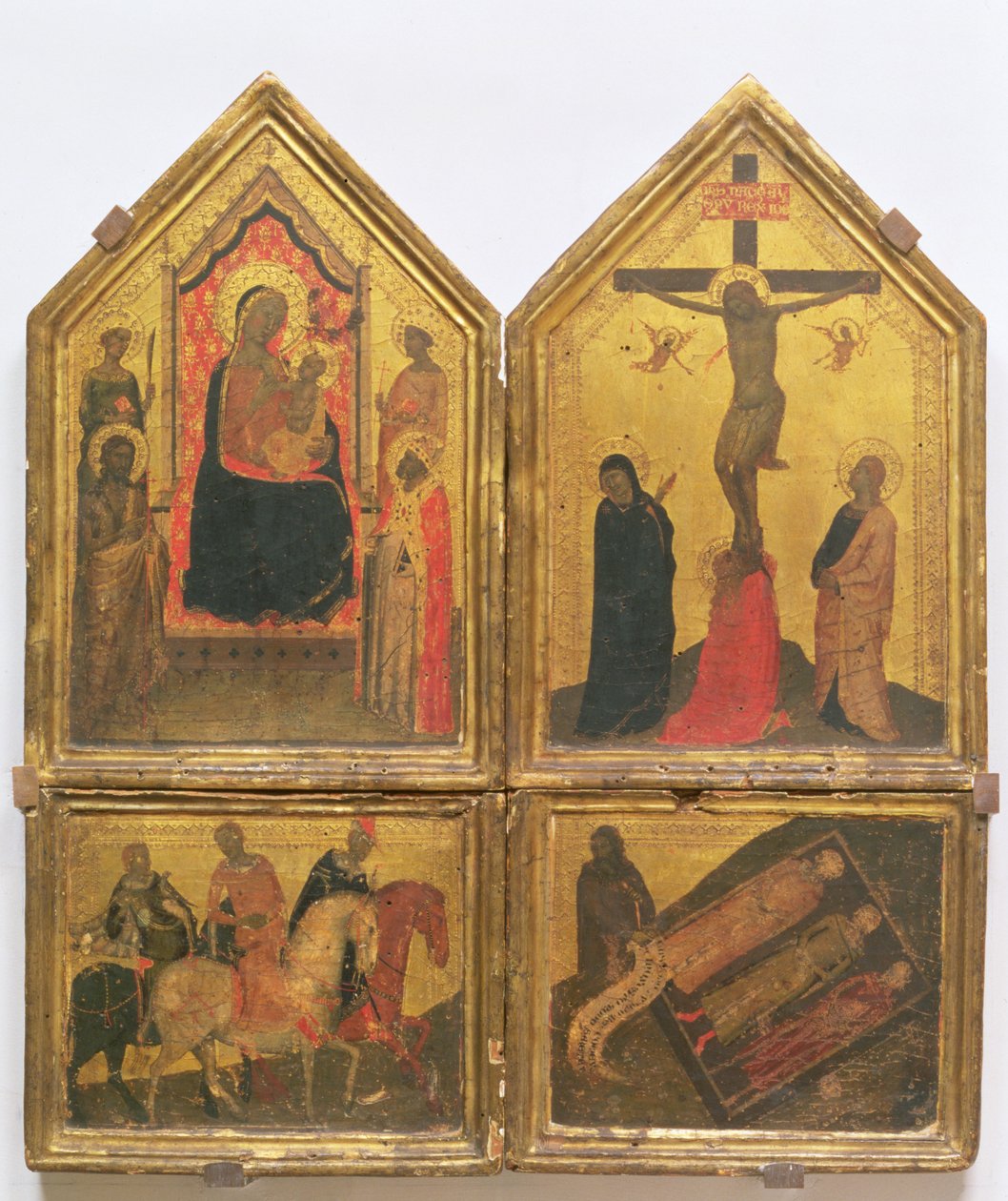 Madonna z Dzieciątkiem ze Świętymi, Ukrzyżowaniem i Legendą o Trzech Żyjących i Trzech Umarłych (tempera na panelu) autorstwa Bernardo Daddi
