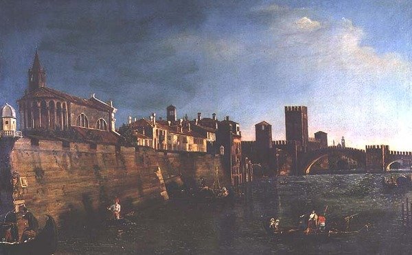 Widok Werony z Castello Vecchio i Ponte Vecchio (olej na płótnie) autorstwa Bernardo (manner of) Bellotto
