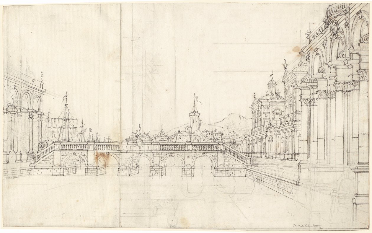 Capriccio pałaców i loggia z widokiem na klasyczny most autorstwa Bernardo Bellotto