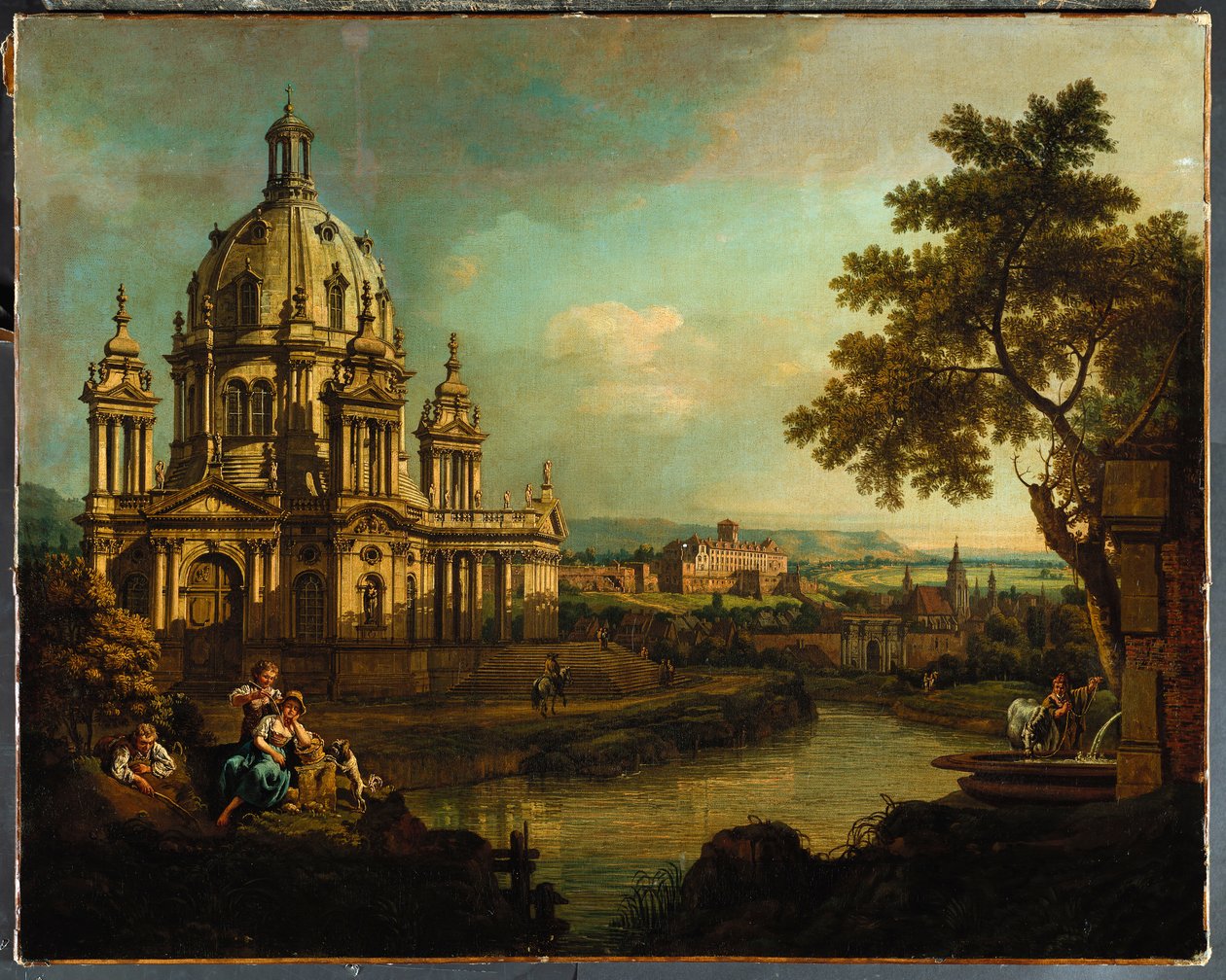 Capriccio z kopułą kościoła i zabudowań w Pirnie, ok.1765 autorstwa Bernardo Bellotto