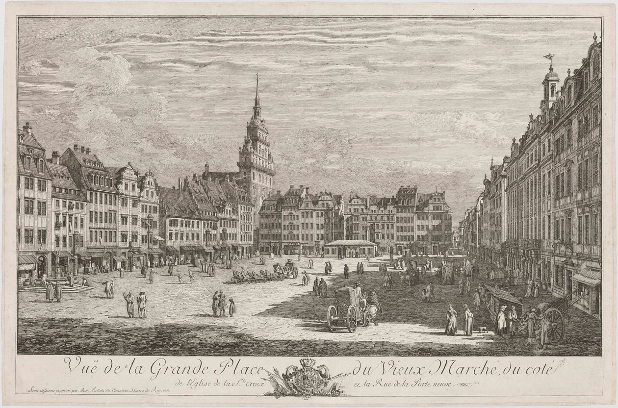 Altmarkt w Dreźnie widziany z ulicy Schlossstrasse, arkusz z serii „Dresdner Veduten” autorstwa Bernardo Bellotto