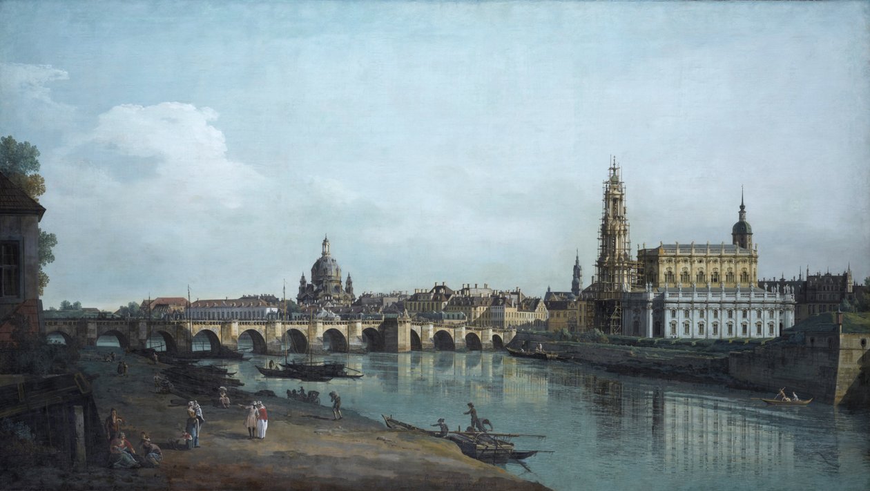 Drezno widziane z prawego brzegu Łaby, pod mostem Augusta, 1748 autorstwa Bernardo Bellotto