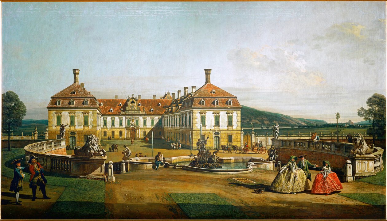 Zamek Schlosshof, Austria, widziany z ogrodów, zbudowany przez księcia Eugeniusza Sabaudzkiego ... (olej na płótnie) autorstwa Bernardo Bellotto