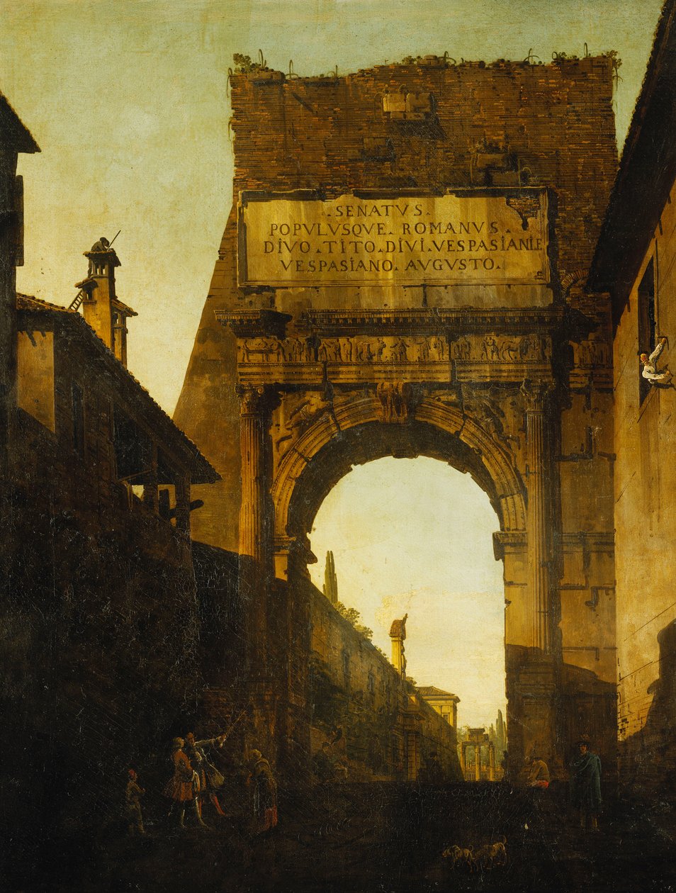 Łuk Tytusa, Rzym, z murem i bramą ogrodów Farnese oraz świątynią Kastora i Polluksa, na pierwszym planie dwóch turystów, autorstwa Bernardo Bellotto